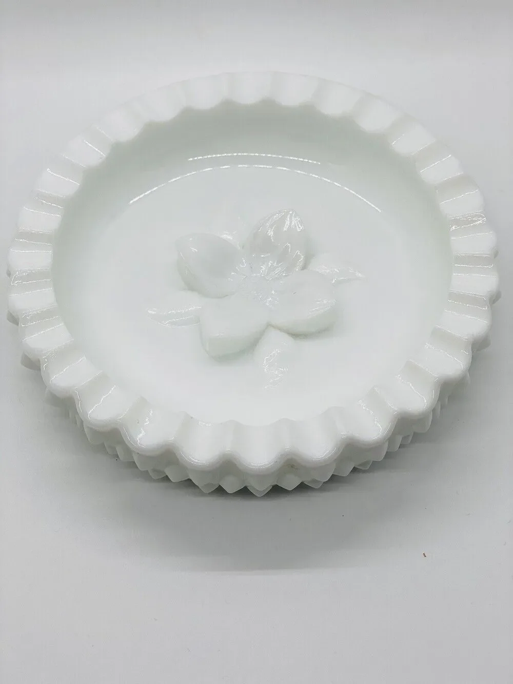 Fenton Vintage White Hobnail Milk Glass Ashtray w/Dogwood Flower in Center